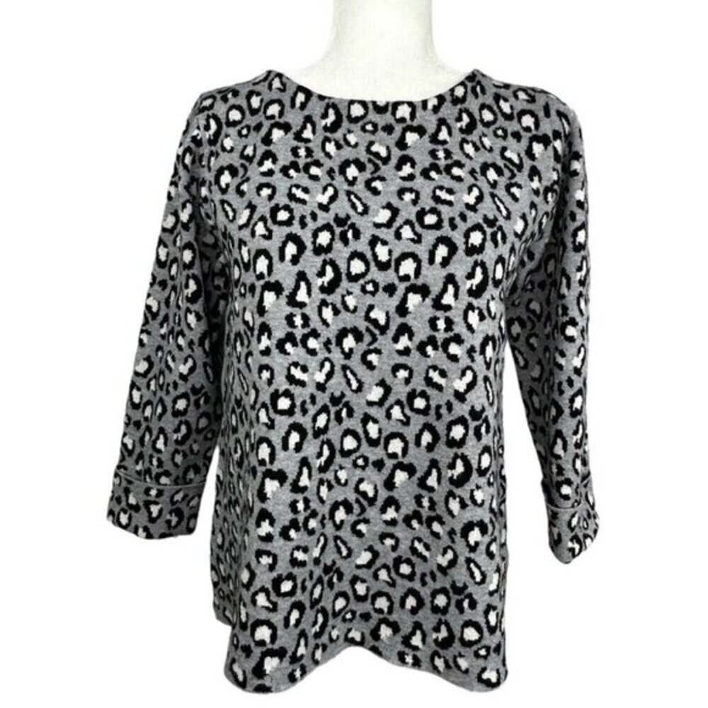 Tahari Womens Grey Leopard Print Boat Neck 3/4 Sleeve Knit Sweater Size Medium